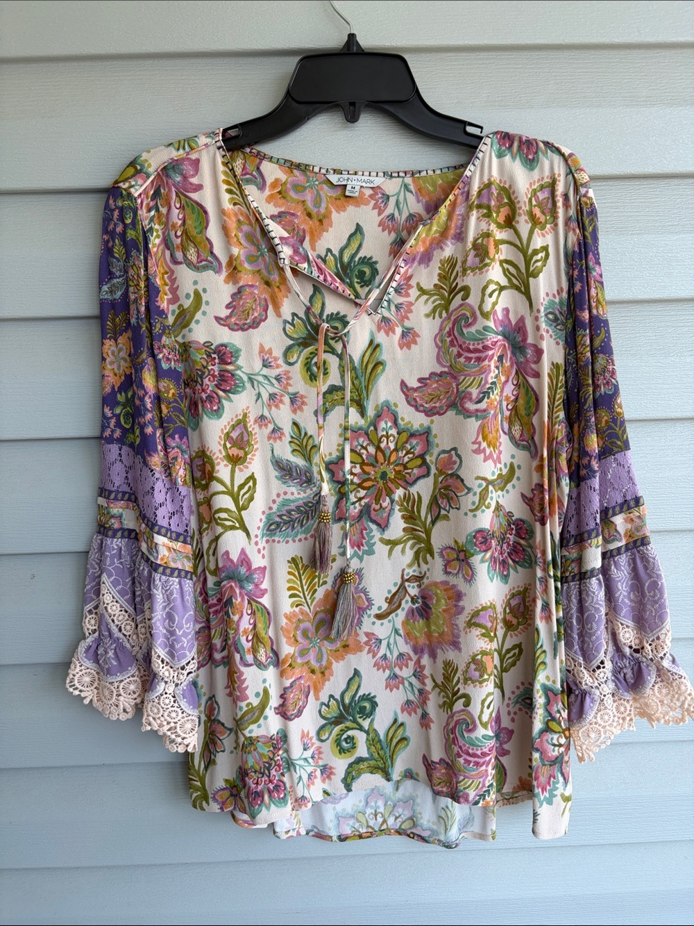 NWOT John Mark Boho Cream Top with Lavender, Green & Pink Paisley Print